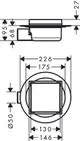 Hansgrohe Punktablauf mit runder Form und quadratischem Innenteil, rückseitig befliesbar. Abmessungen und Details sind schematisch dargestellt.